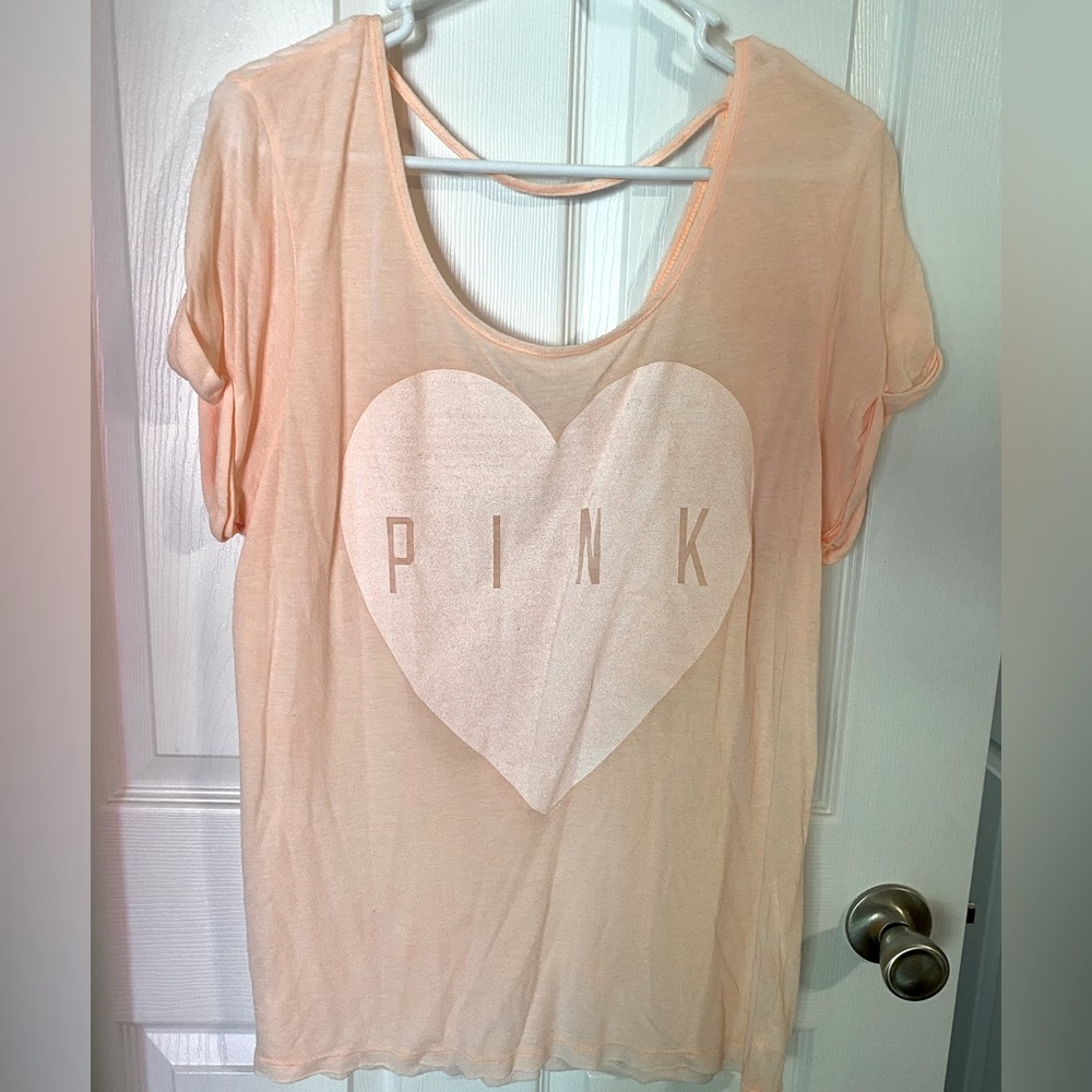 PINK Victoria Secret Peach Sheer T-shirt. Open V back, soft & lightweight.